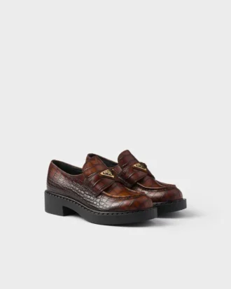 Mocasini din piele cu imprimeu de crocodil, culoare Chocolate