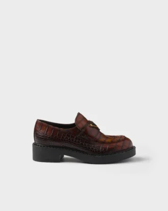 Mocasini din piele cu imprimeu de crocodil, culoare Chocolate